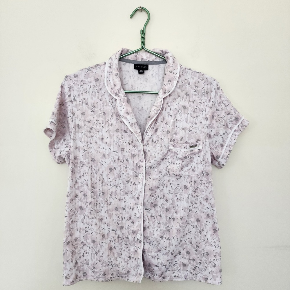Tahari Womens Pajama Set Medium Mauve Floral Ribbed Knit Short Sleeve Shorts 2pc